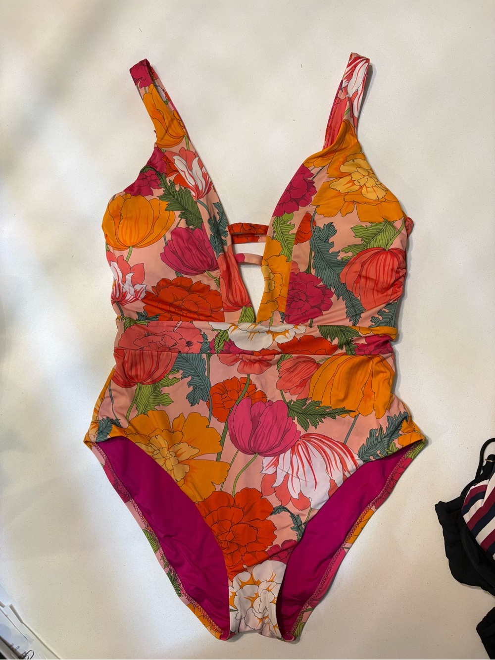 Trina Turk Floral One Piece Swimsuit Pink Orange Cutout Size 10